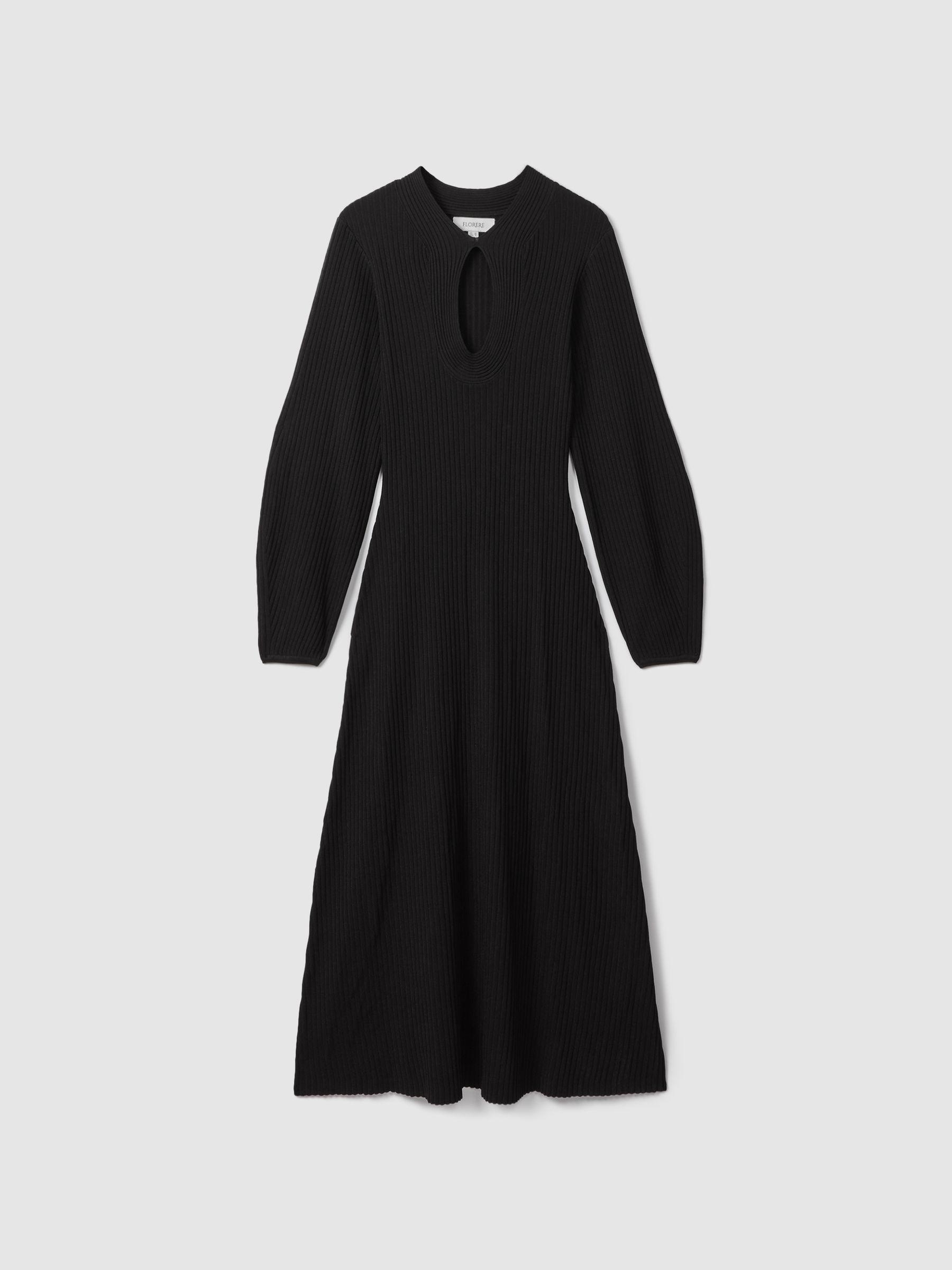 Florere Ribbed Blouson Sleeve Midi Dress in Black Product Image