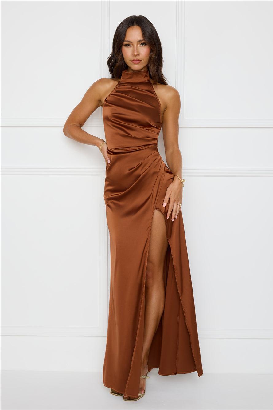 Sonnet Satin Halter Maxi Dress Chocolate Product Image