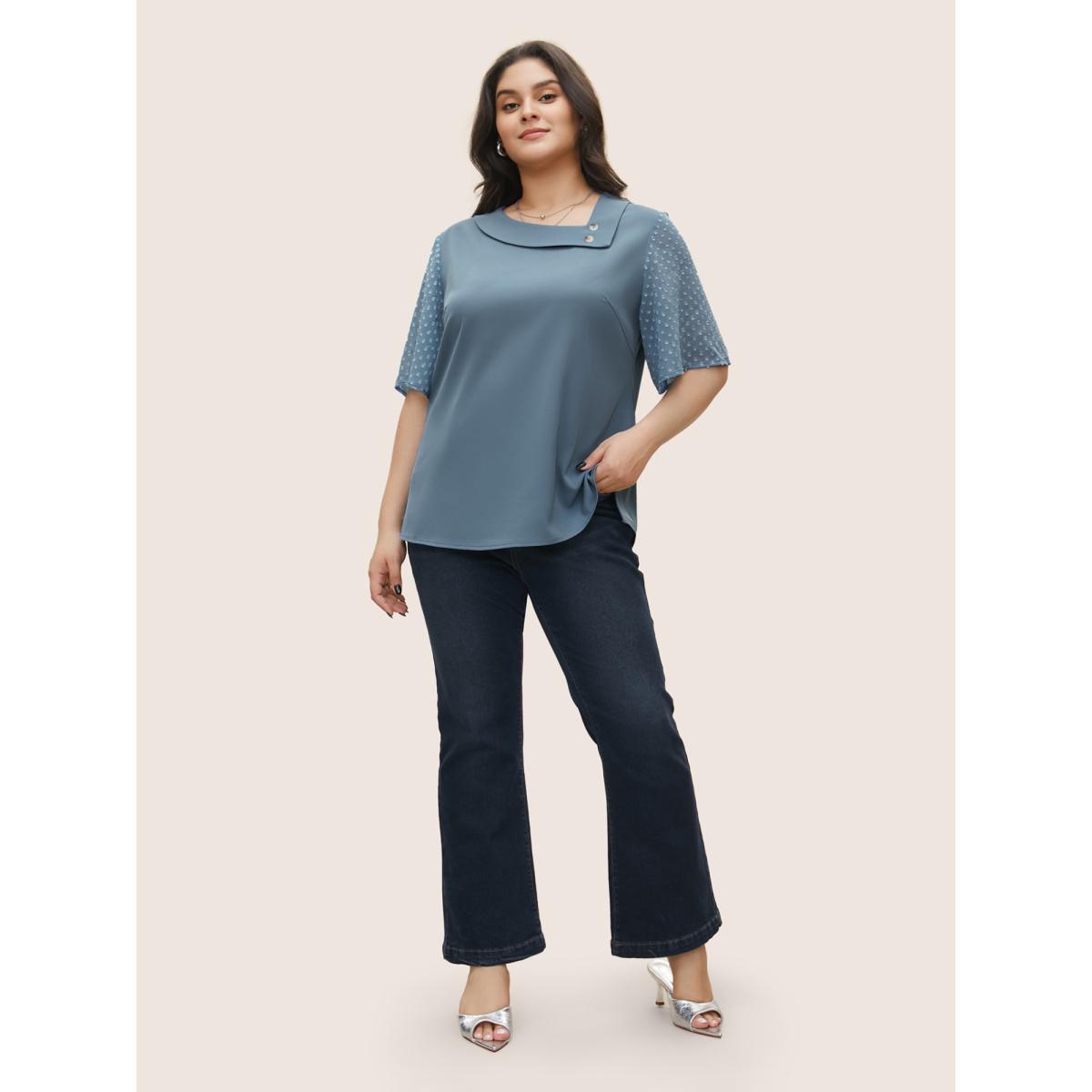 Plus Size Stone Patchwork Chiffon Asymmetrical Neck Button Detail Blouse Women At the Office Half Sleeve Asymmetrical Neck Work Blouses BloomChic 22-24/3X Product Image