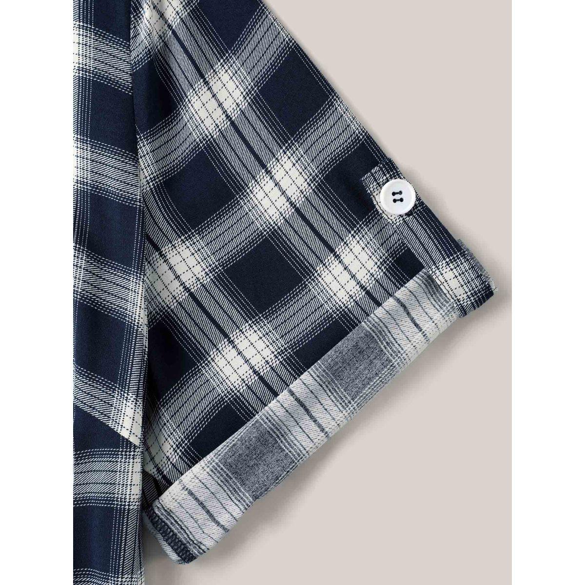 Plus Size Plaid Pattern Tab Sleeve Pockets Midi Dress DarkBlue Women Flat collar Short sleeve Curvy BloomChic 28/5X Product Image