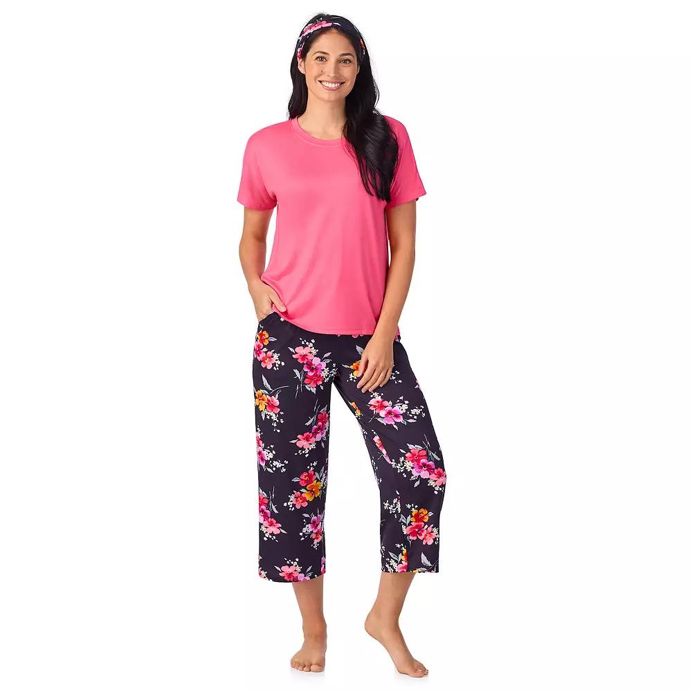Women's Cuddl Duds® 2-pc. Pajama Crewneck Top & Pajama Capri Pants Set with Matching Headband, Size: Medium, Blue Floral Product Image