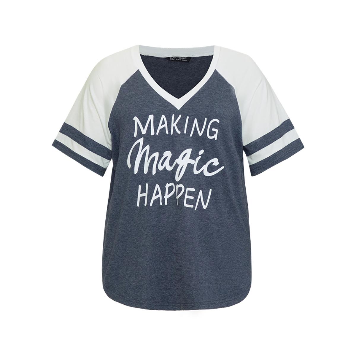 Plus Size Letter Print Patchwork Raglan Sleeve T-shirt Multicolor Women Casual Contrast Letter Dailywear T-shirts BloomChic 12/L Product Image