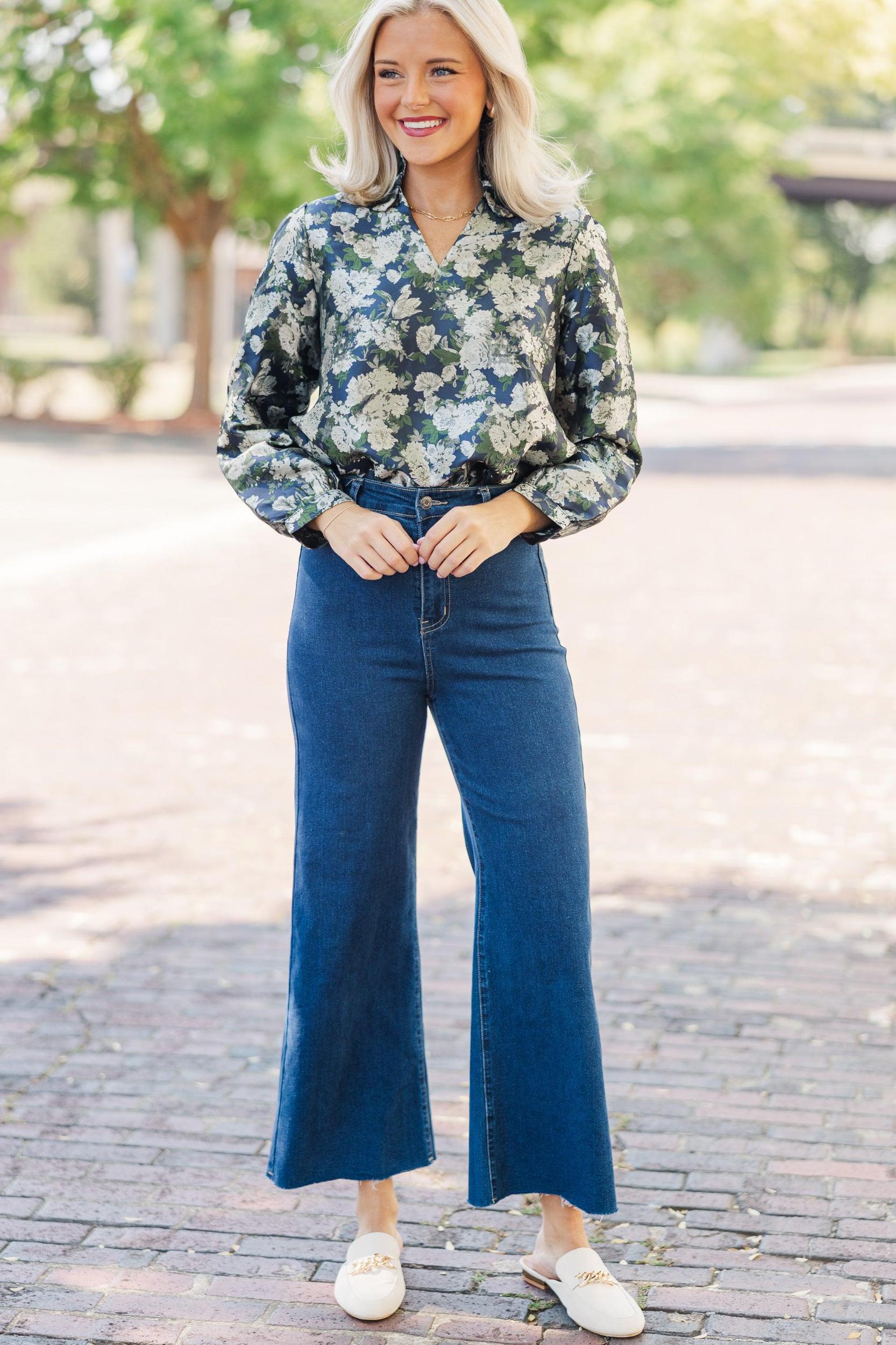 On Your Mind Navy Blue Floral Brocade Blouse Female Product Image