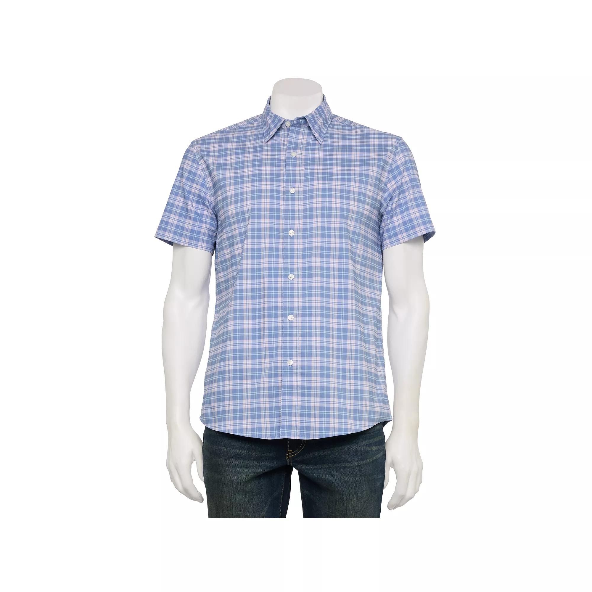 Men's Sonoma Goods For Life® Adaptive Short Sleeve Performance Button-Down Shirt, Size: Large, Paper Plaid Blue Product Image