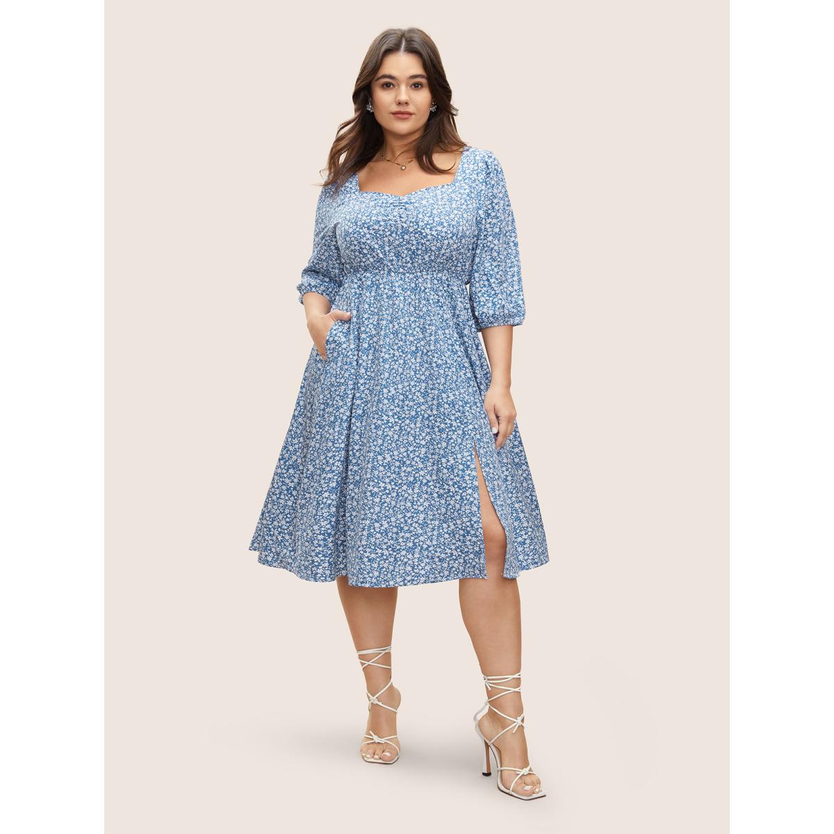 Plus Size Ditsy Floral Print Square Neck Split Hem Dress Cerulean Women Timeless Non Square Neck Elbow-length sleeve Curvy Midi Dress BloomChic 18-20/2X Product Image