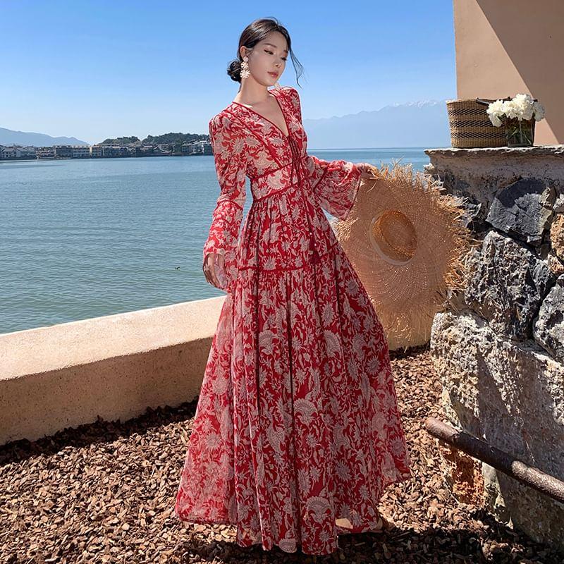 Long-Sleeve V-Neck Floral Print Tie Front Maxi A-Line Dress Product Image