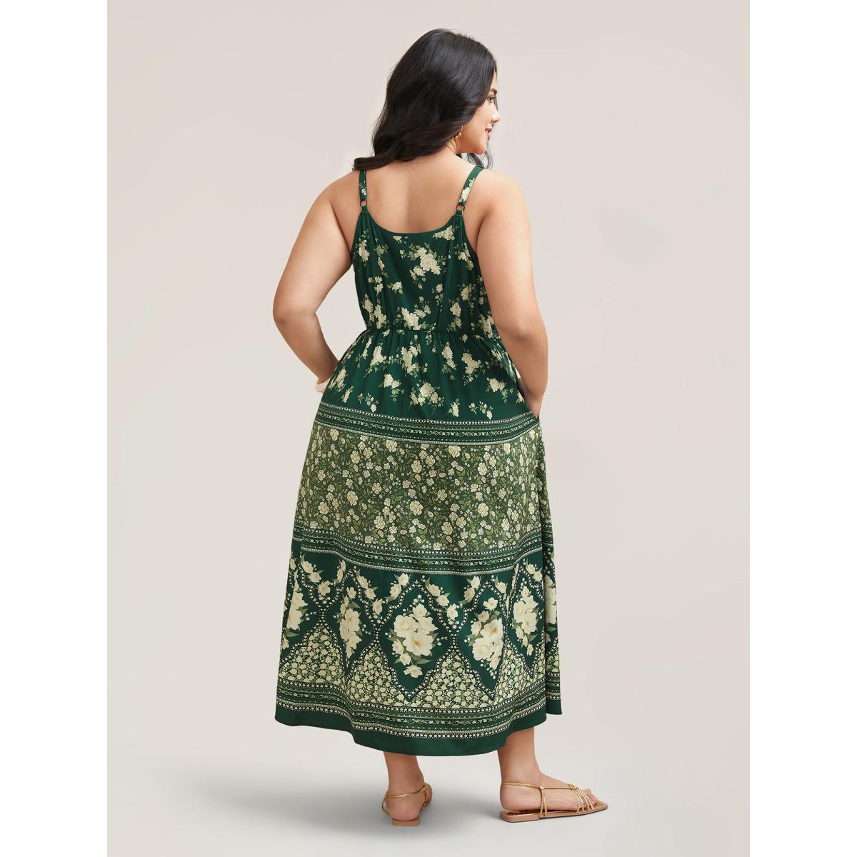 Plus Size Floral Print Off Sleeve Pockets Midi Dress DarkGreen Women Resort Non V-neck Sleeveless Curvy BloomChic 26/4X Product Image