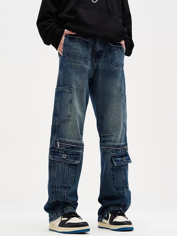 Men's Multi Pocket Splice Zip Up Loose Jeans Product Image