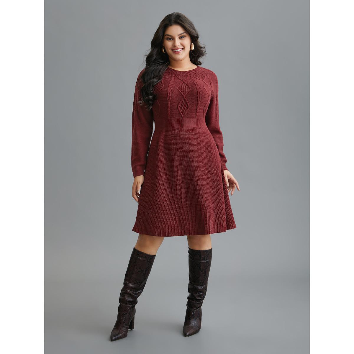 Plus Size Cable Knit Raglan Sleeve Midi Sweater Dress Burgundy Women Casual Bodycon Long Sleeve Everyday Sweater Dresses BloomChic 22-24/3X Product Image