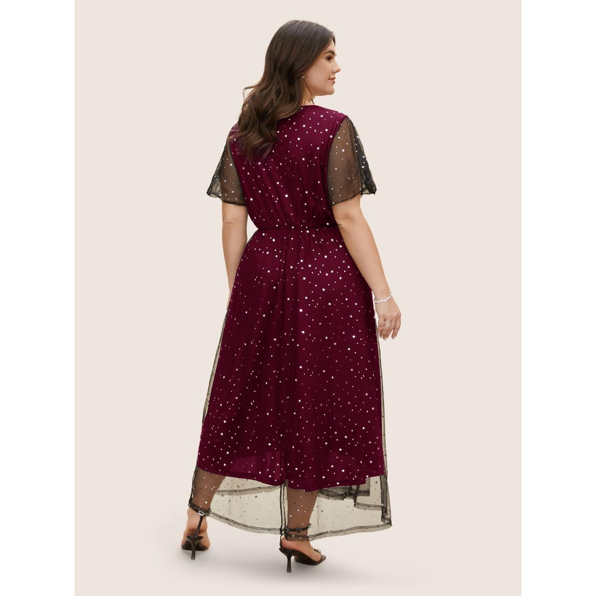 Plus Size Glitter Star Mesh Patchwork Split Hem Dress Burgundy Women Cocktail See through V-neck Short sleeve Curvy BloomChic 30/6X Product Image