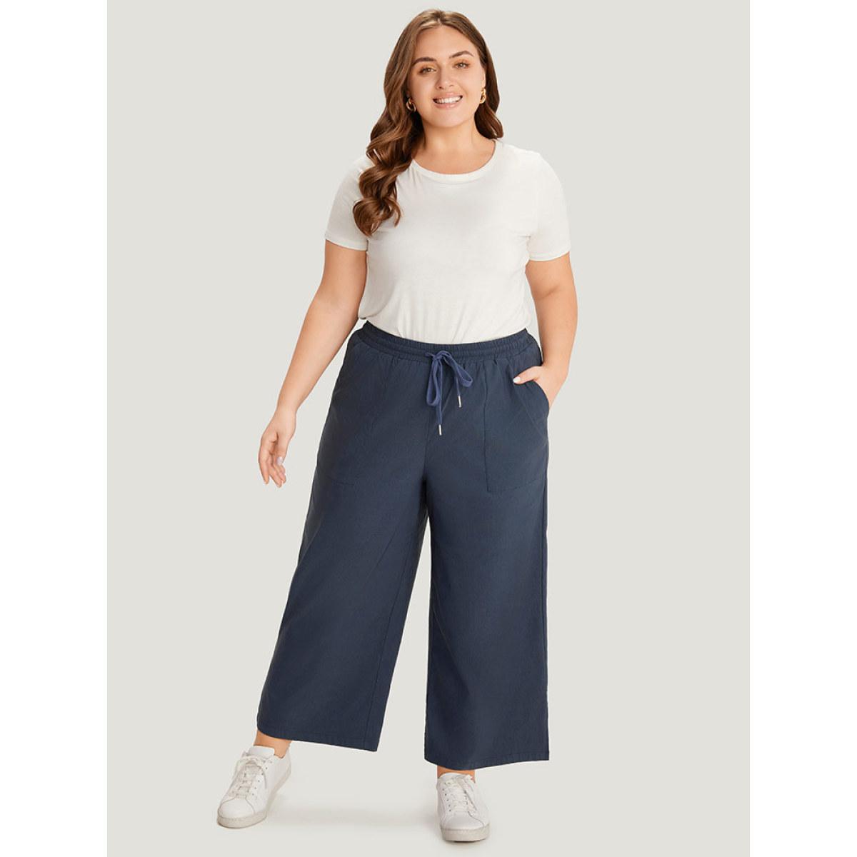 Plus Size Plain Pocket Drawstring Split HemWide leg Pants Women Indigo Office Loose Mid Rise Office Pants BloomChic 26/4X Product Image