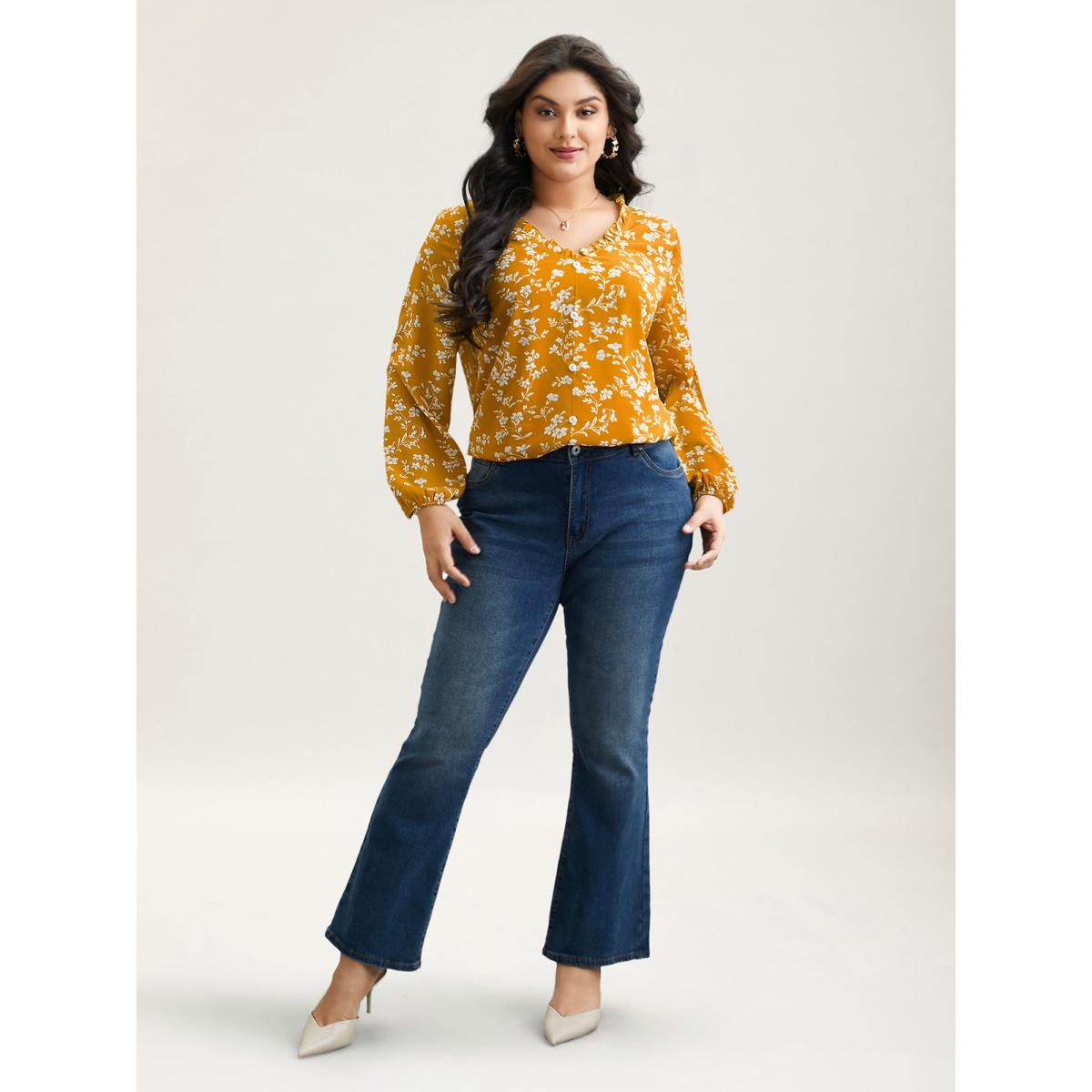Plus Size Turmeric Floral Print V-Neck Ruffled Shirt Women Elegant Extra Long Sleeve V-neck Everyday Blouses BloomChic 22-24/3X Product Image
