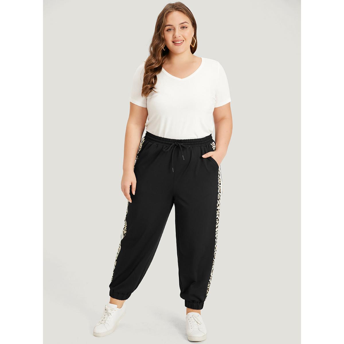 Patchwork Leopard Pocket Drawstring Elastic Waist Sweatpants Black Plus Size Women Casual Dailywear Patchwork 12/L Bloomchic Product Image