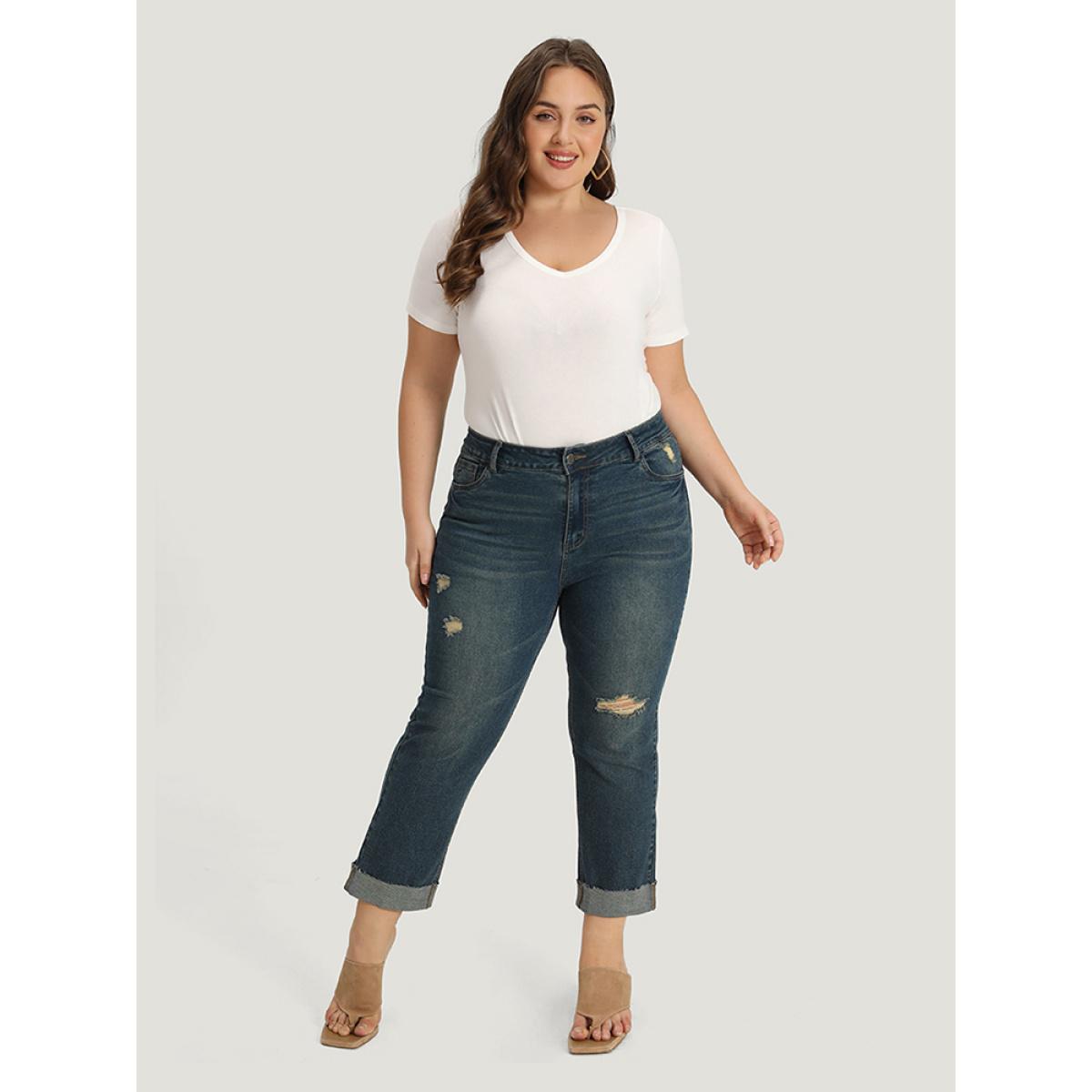 Plus Size Solid Ripped Roll Hem Pocket Straight Leg Jeans Women Indigo Casual Plain Plain High stretch Pocket Jeans BloomChic 10/M Product Image