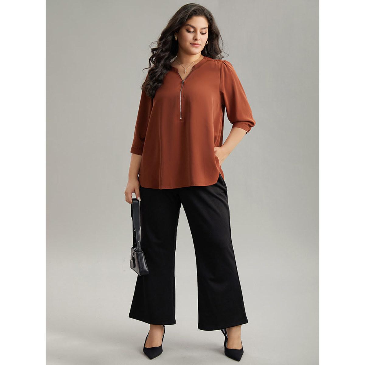 Plus Size Rust Plain Half Zip Gathered Blouse Women Work From Home Elbow-length sleeve V-neck Office Blouses BloomChic 14-16/1X Product Image