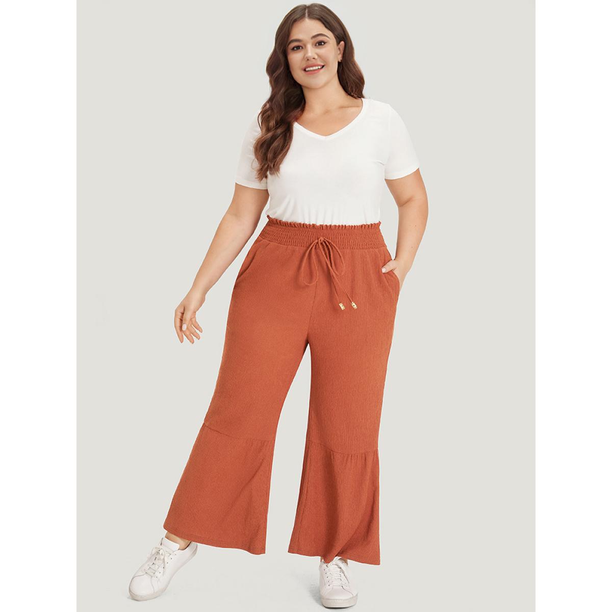 Plus Size Solid Pocket Ties Paperbag Waist Bootcut Pants Women Rust Casual Bootcut High Rise Dailywear Pants BloomChic 22-24/3X Product Image