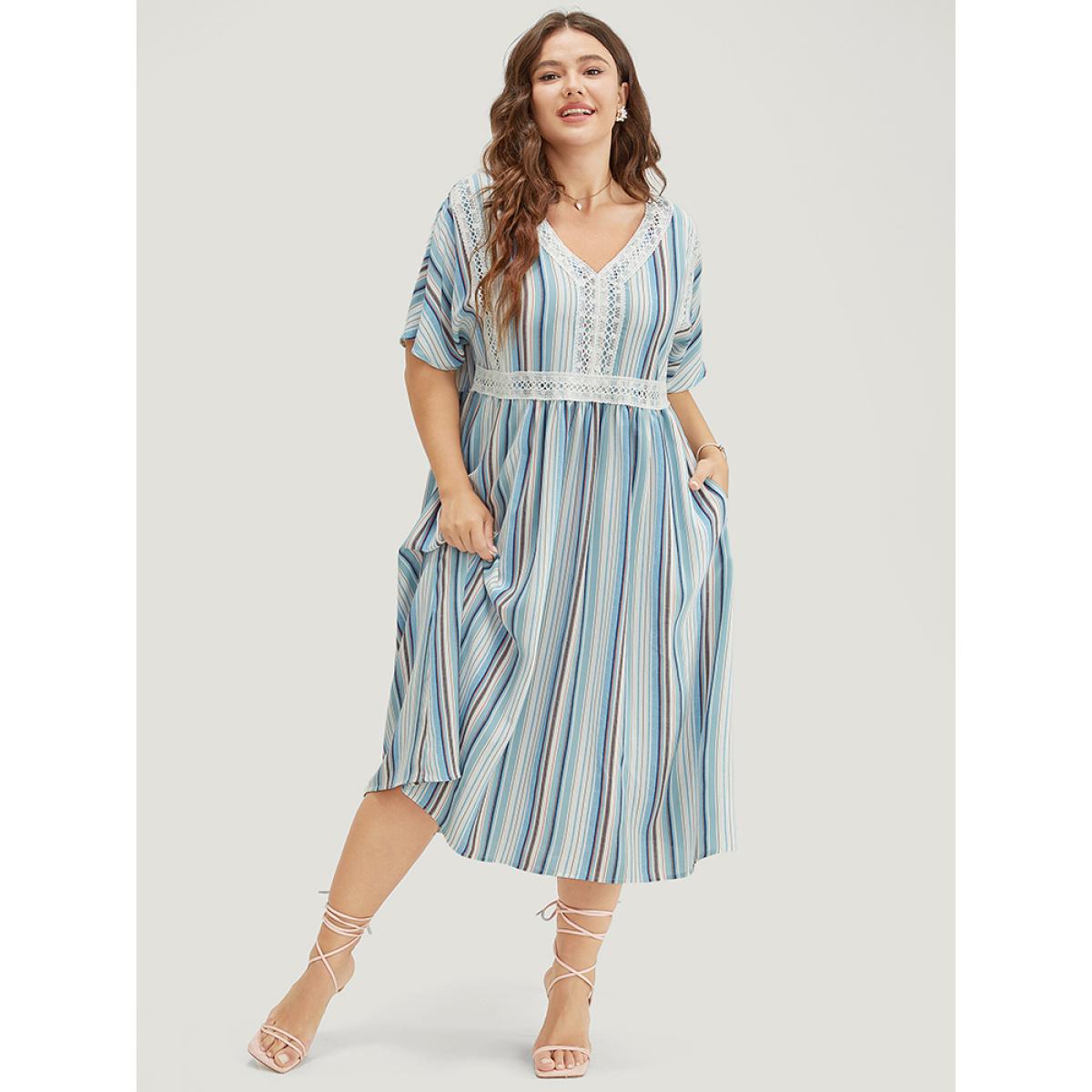 Plus Size Striped Contrast Pocket Lace Batwing Sleeve Midi Dress Blue Women Vacation Patchwork V-neck Short sleeve Curvy Midi Dress BloomChic 14-16/1X Product Image