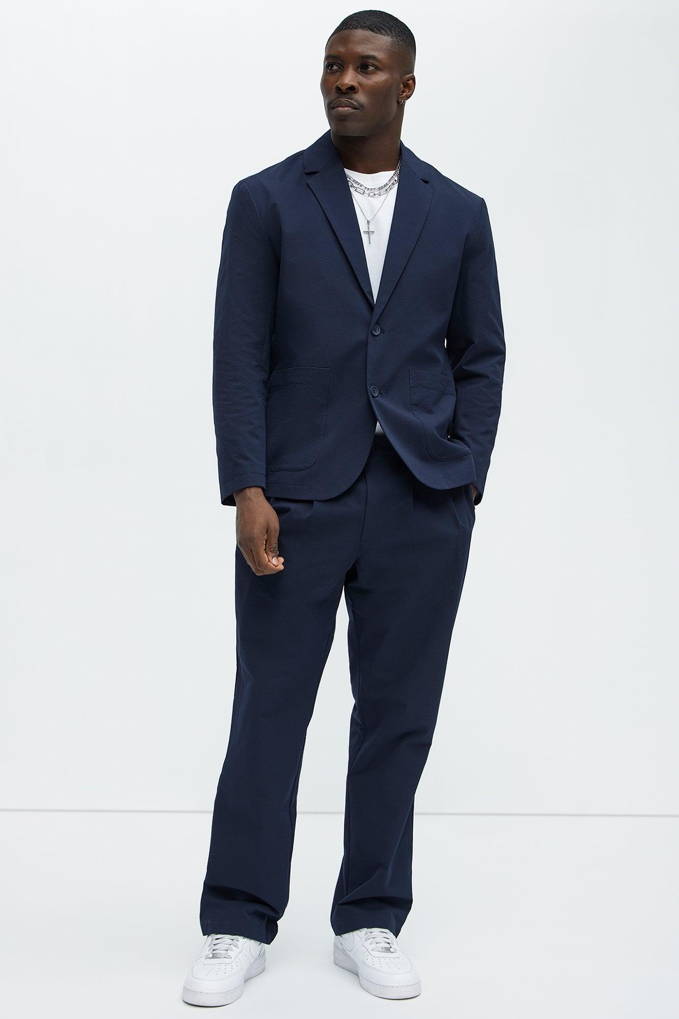 Seersucker Pleated Pants - Navy Product Image
