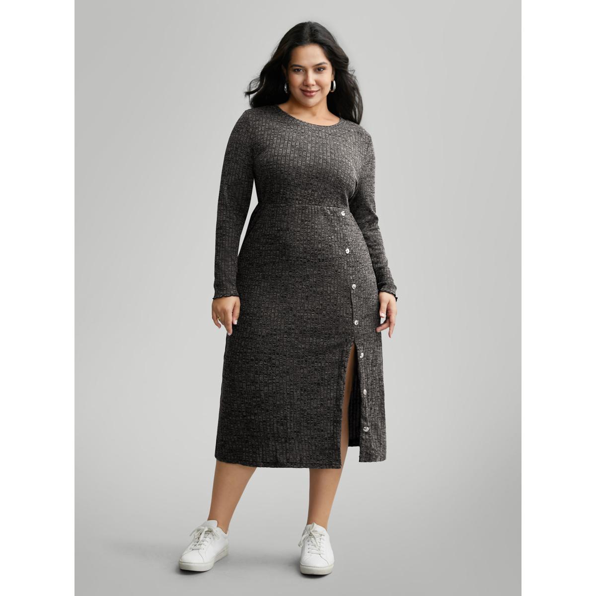 Plus Size Crew Neck Button Detail Split Hem Dress Black Women Leisure Texture Round Neck Long Sleeve Curvy BloomChic 14-16/1X Product Image