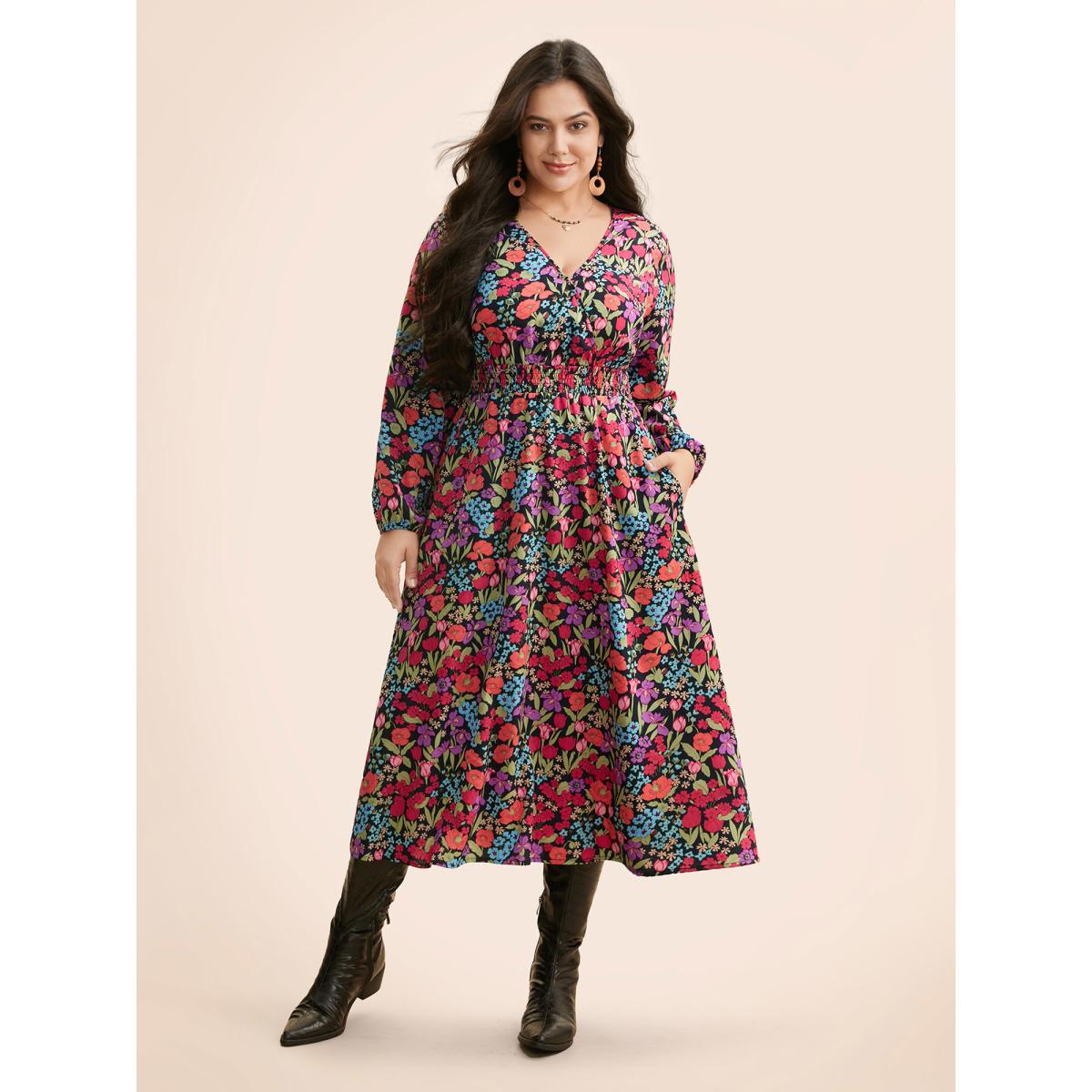 Plus Size Floral Overlap Collar Shirred Dress BlackFlower Women Elegant Shirred Overlap Collar Long Sleeve Curvy BloomChic 22-24/3X Product Image