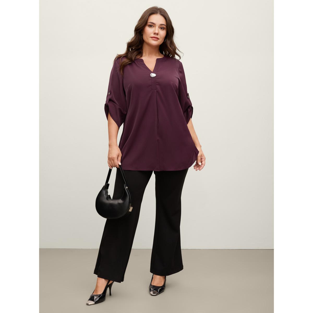 Plus Size Plum Metal Buckle Neckline Solid Blouse Women Office Elbow-length sleeve Flat collar with V-notch Office Blouses BloomChic 22-24/3X Product Image