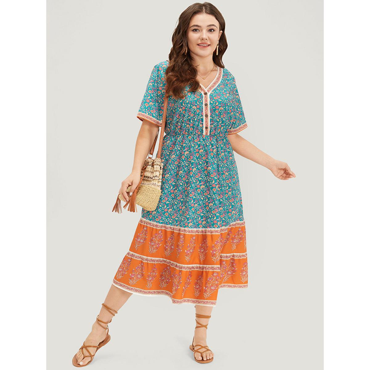 Plus Size Floral Print Button Detail Elastic Waist Patchwork Dress Emerald Women Vacation Gathered V-neck Short sleeve Curvy Midi Dress BloomChic 28/5X Product Image