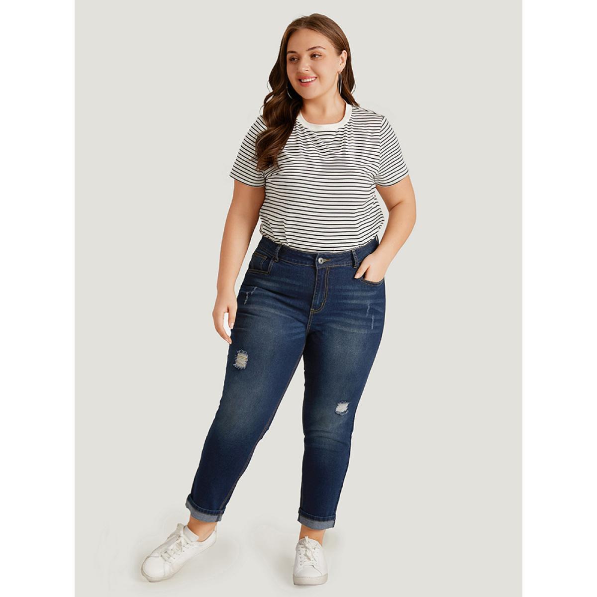 Plus Size Ripped Roll Hem Pocket Very Stretchy Jeans Women Indigo Casual Plain Plain High stretch Jeans BloomChic 10/M Product Image