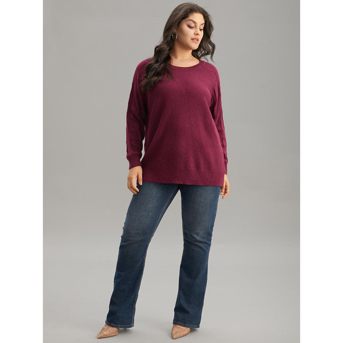 Plus Size Plain Texture Knit Raglan Sleeve Pullover Burgundy Women Casual Loose Long Sleeve Round Neck Dailywear Pullovers BloomChic 26/4X Product Image