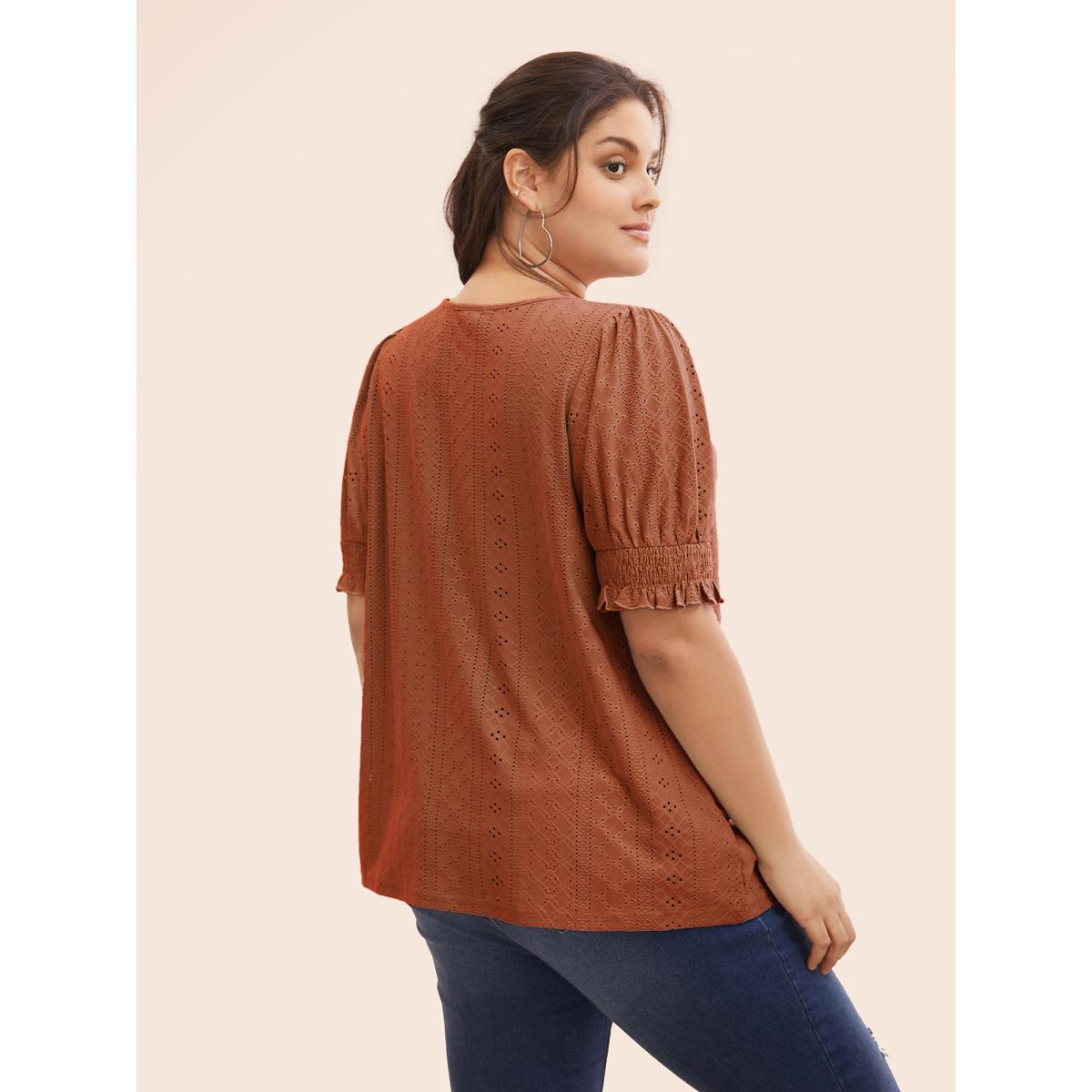 Plus Size Plain Broderie Anglaise Shirred Puff Sleeve Button Detail T-shirt Rust Women Casual Button Plain V-neck Everyday T-shirts BloomChic 30/6X Product Image
