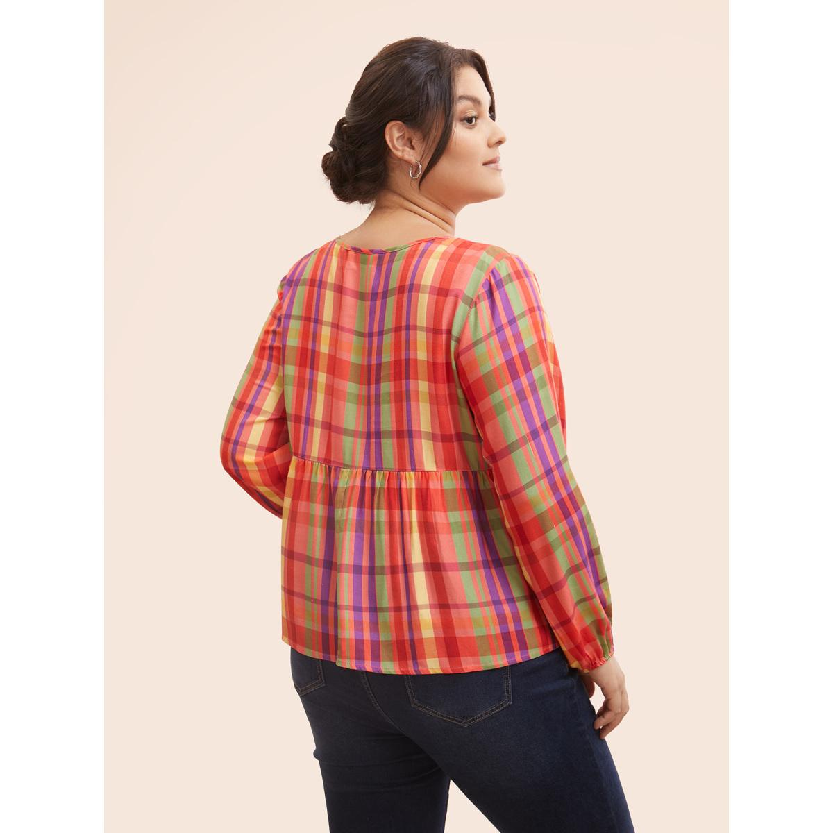 Plus Size Multicolor Colored Plaid Tie Knot Ruffle Hem Blouse Women Casual Long Sleeve Notched collar Everyday Blouses BloomChic 28/5X Product Image