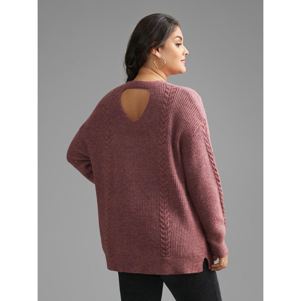 Plus Size Plain Textured Cable Knit Backless Pullover Lilac Women Casual Loose Long Sleeve Round Neck Everyday Pullovers BloomChic 12/L Product Image