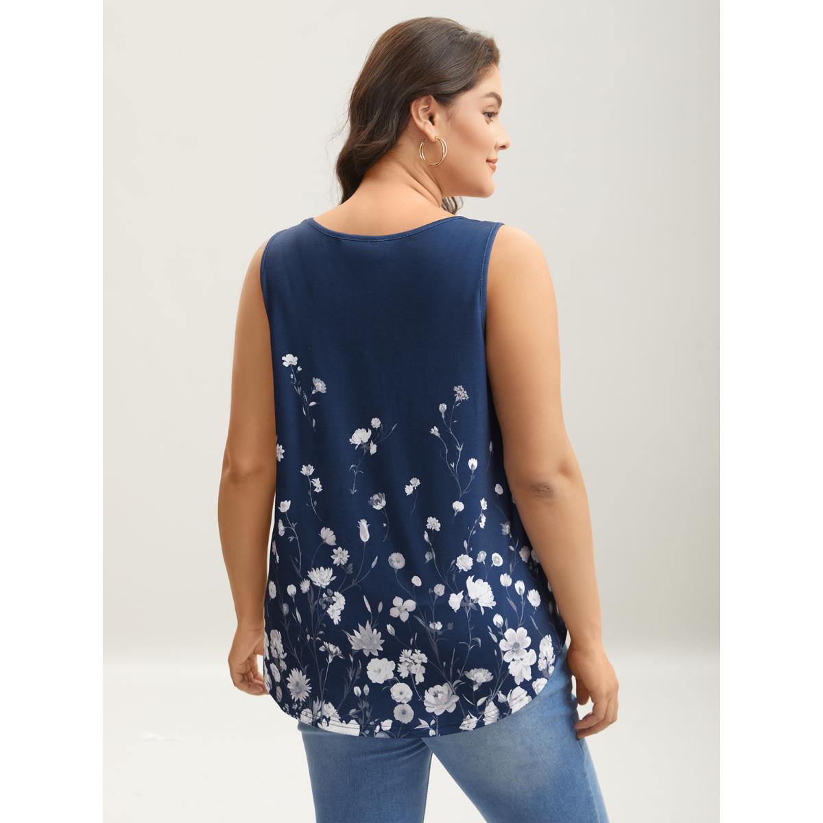 Plus Size Blooming Flowers Print Stretchy Vest Women Indigo Timeless Non V-neck Elegant Tank Tops Camis BloomChic 28/5X Product Image