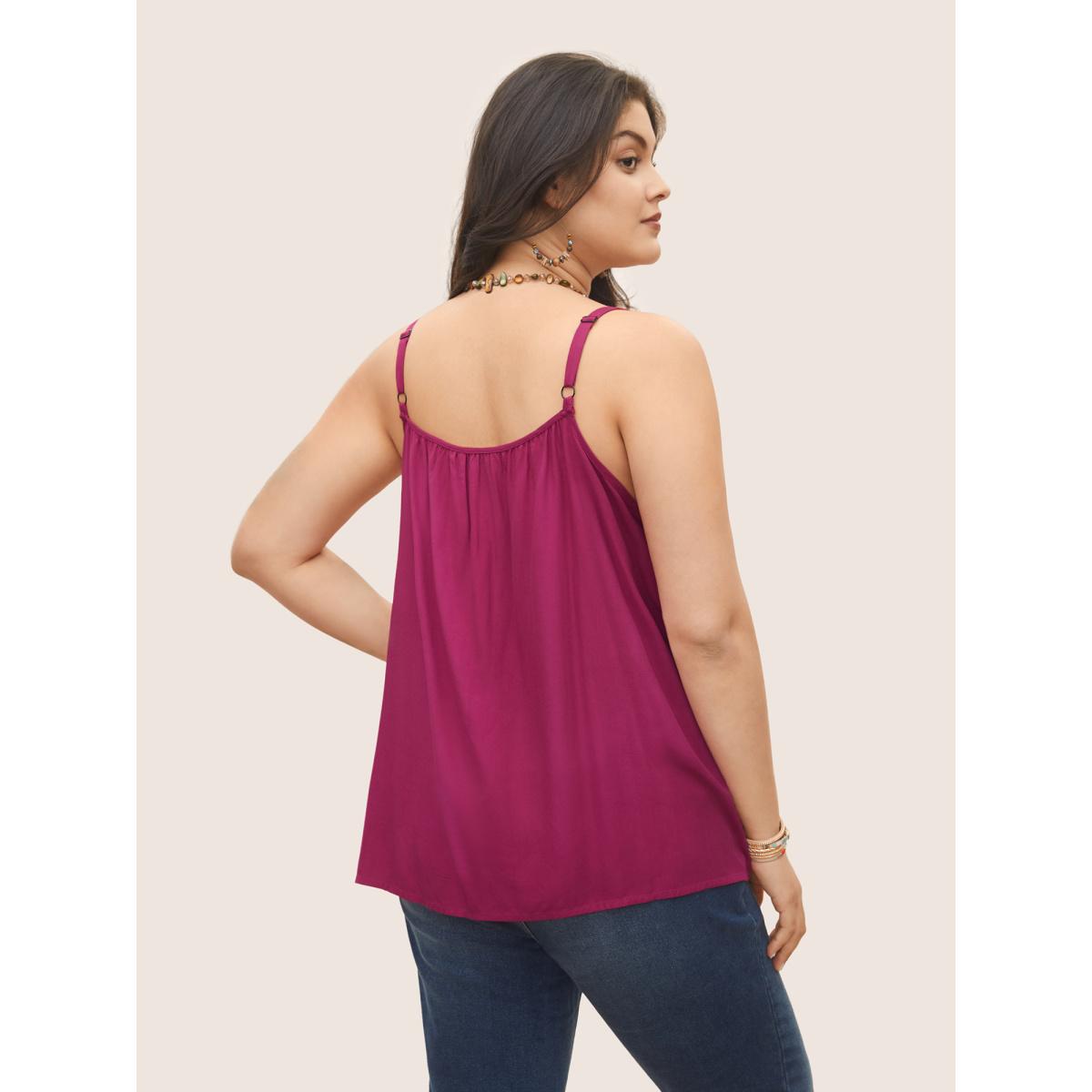 Plus Size Rayon Lace Panel Gathered Cami Top Women RedViolet Elegant Woven ribbon&lace trim V-neck Everyday Tank Tops Camis BloomChic 12/L Product Image