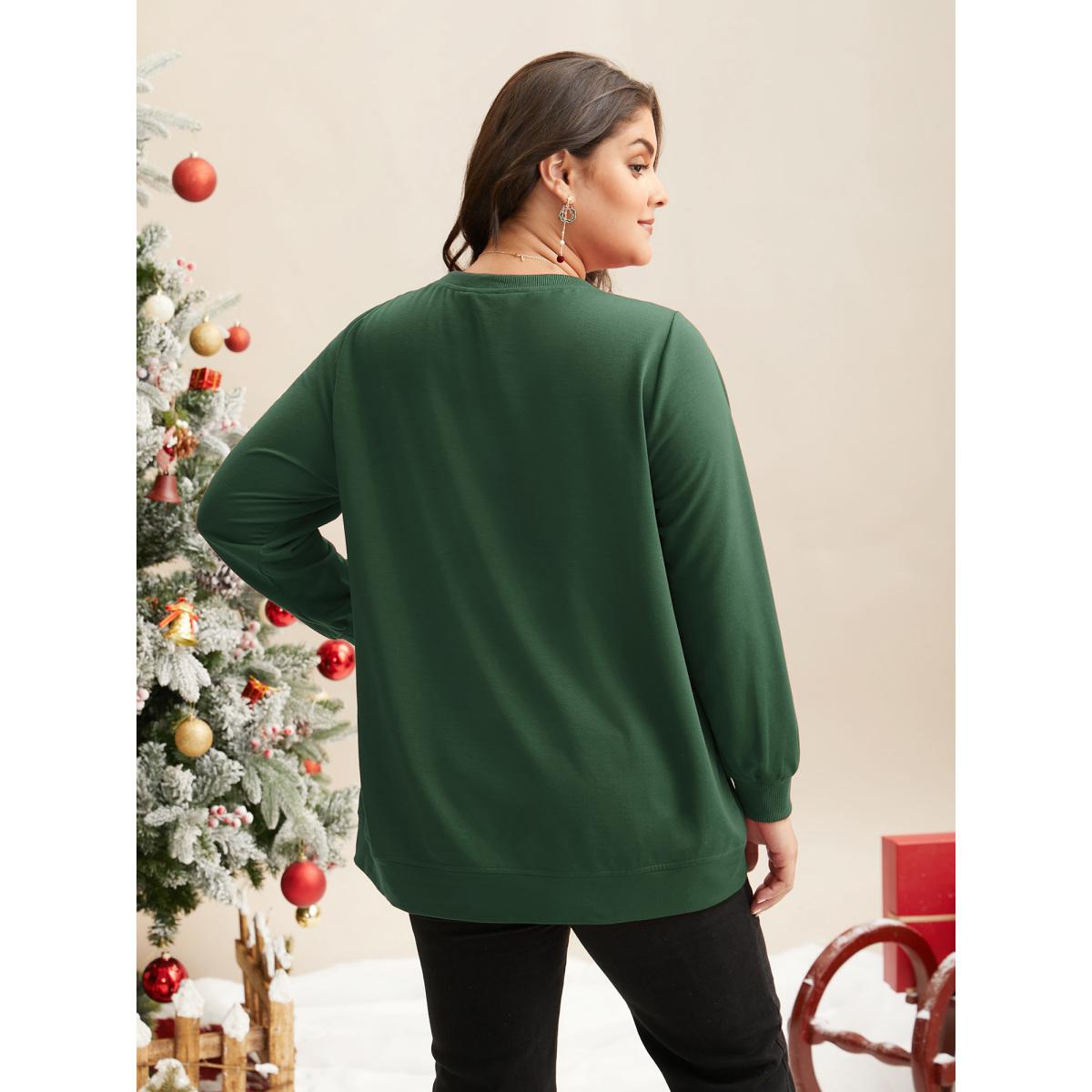 Plus Size Overlapping Hem Round Neck Sweatshirt Women DarkGreen Casual Overlapping Round Neck Everyday Sweatshirts BloomChic 26/4X Product Image