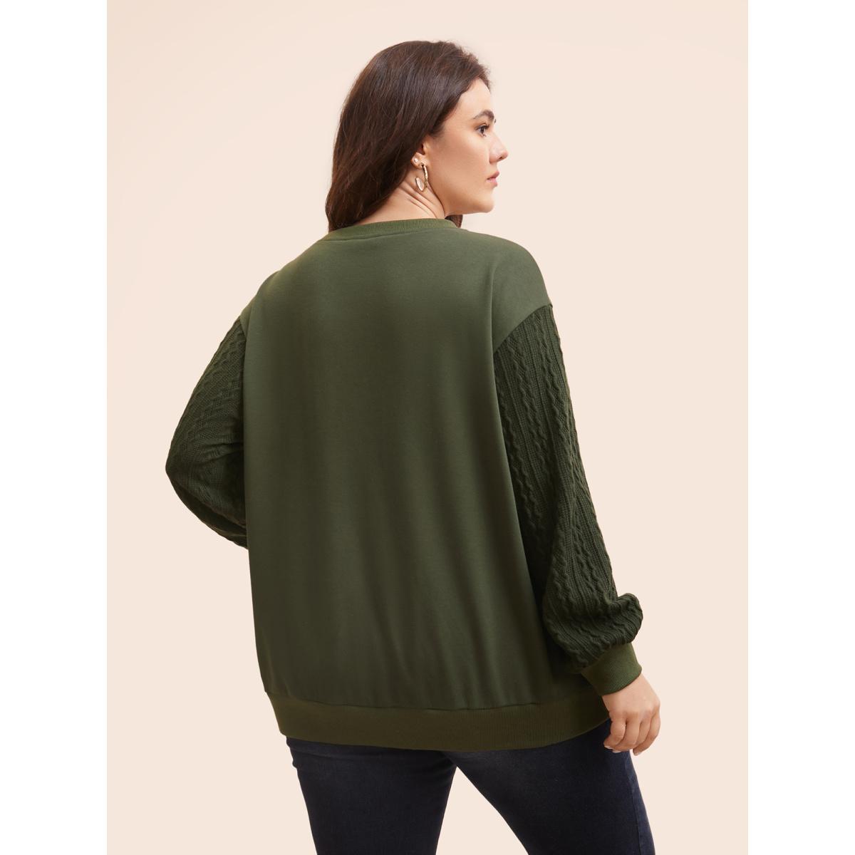 Plus Size Texture Patchwork Drop Shoulder Sleeve Sweatshirt Women DarkGreen Casual Texture Round Neck Everyday Sweatshirts BloomChic 12/L Product Image