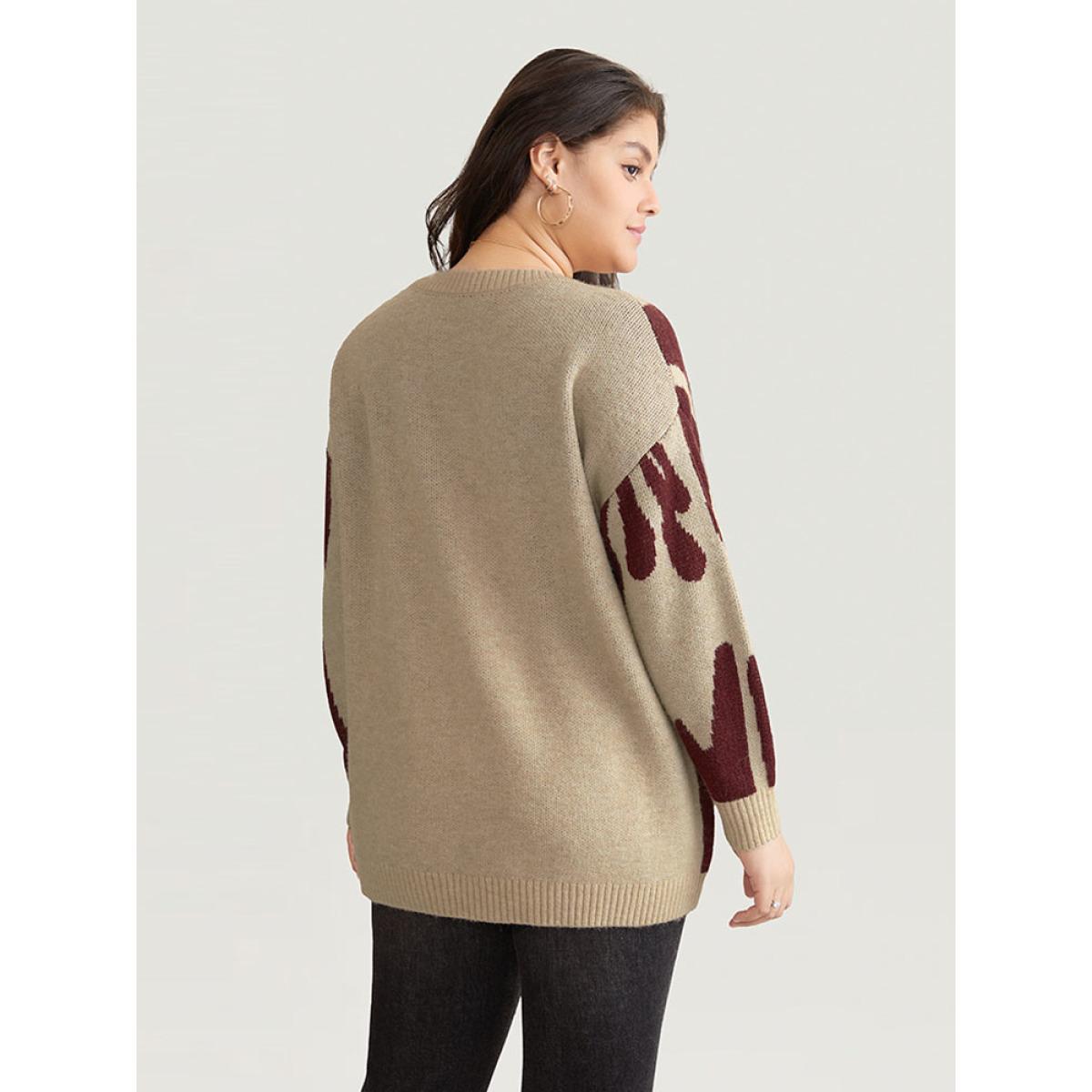 Plus Size Supersoft Essentials Asymmetrical Colorblock Jacquard Pullover Tan Women Casual Loose Long Sleeve Round Neck Dailywear Pullovers BloomChic 18-20/2X Product Image
