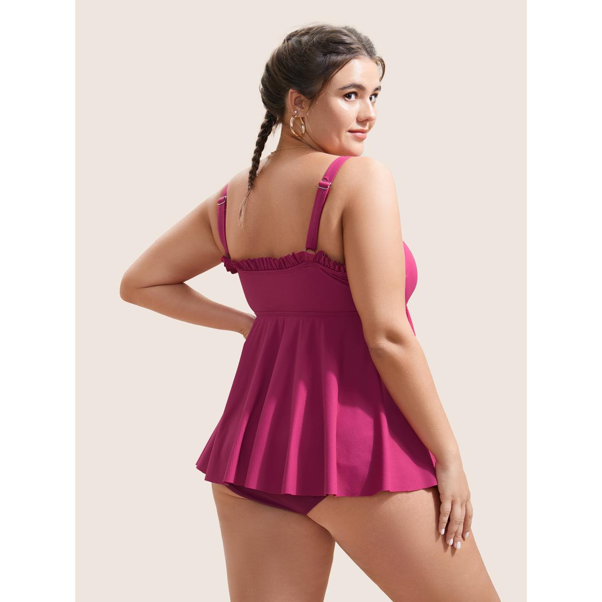 Plus Size Solid Frill Trim Adjustable Straps Swim Top Women's Swimwear RedViolet Beach Non High stretch Bodycon Strapless Curve Swim Tops BloomChic 30/6X Product Image