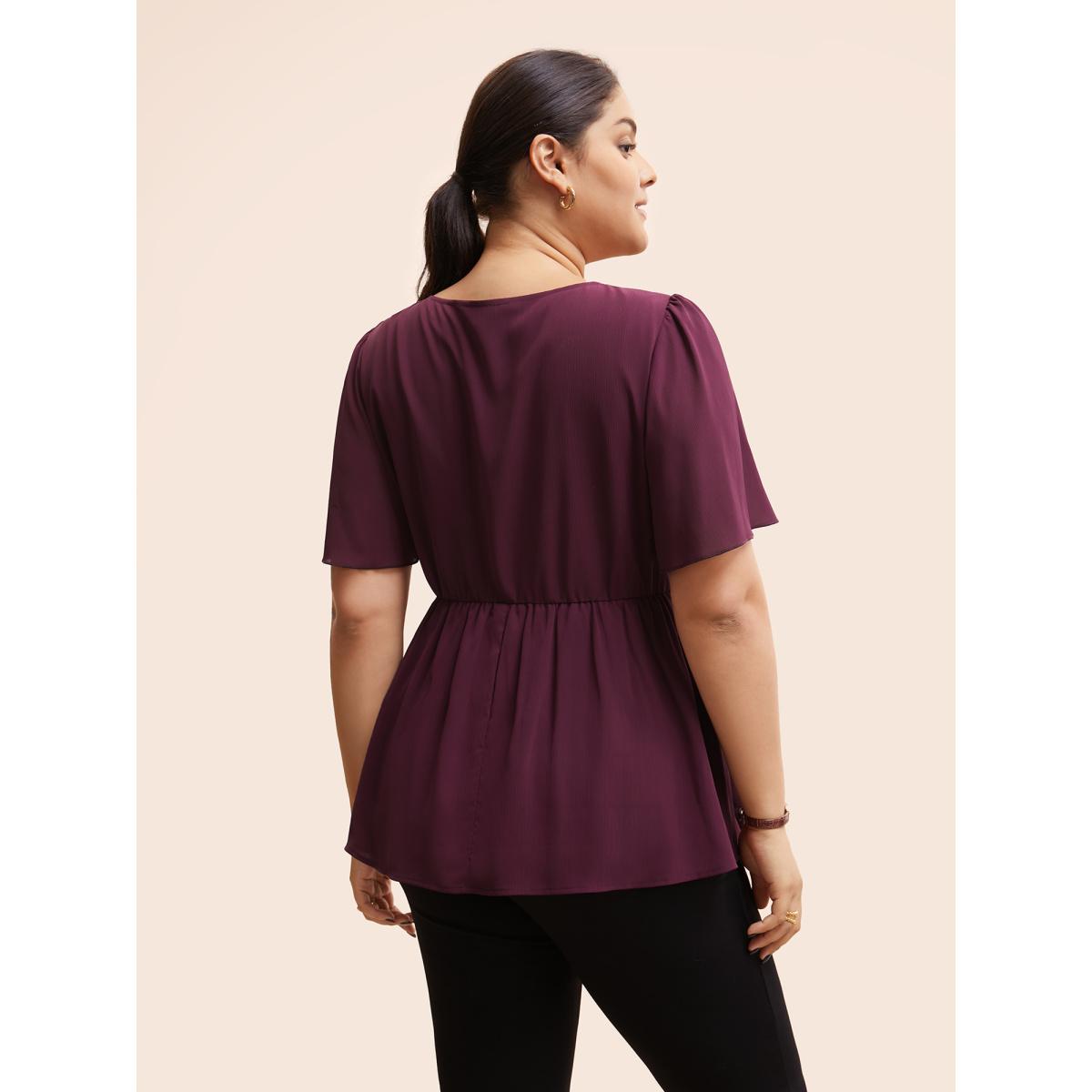 Plus Size Plum Solid Elastic Waist Ruffle Sleeve Blouse Women Workwear Essentials Short sleeve Round Neck Work Blouses BloomChic 26/4X Product Image