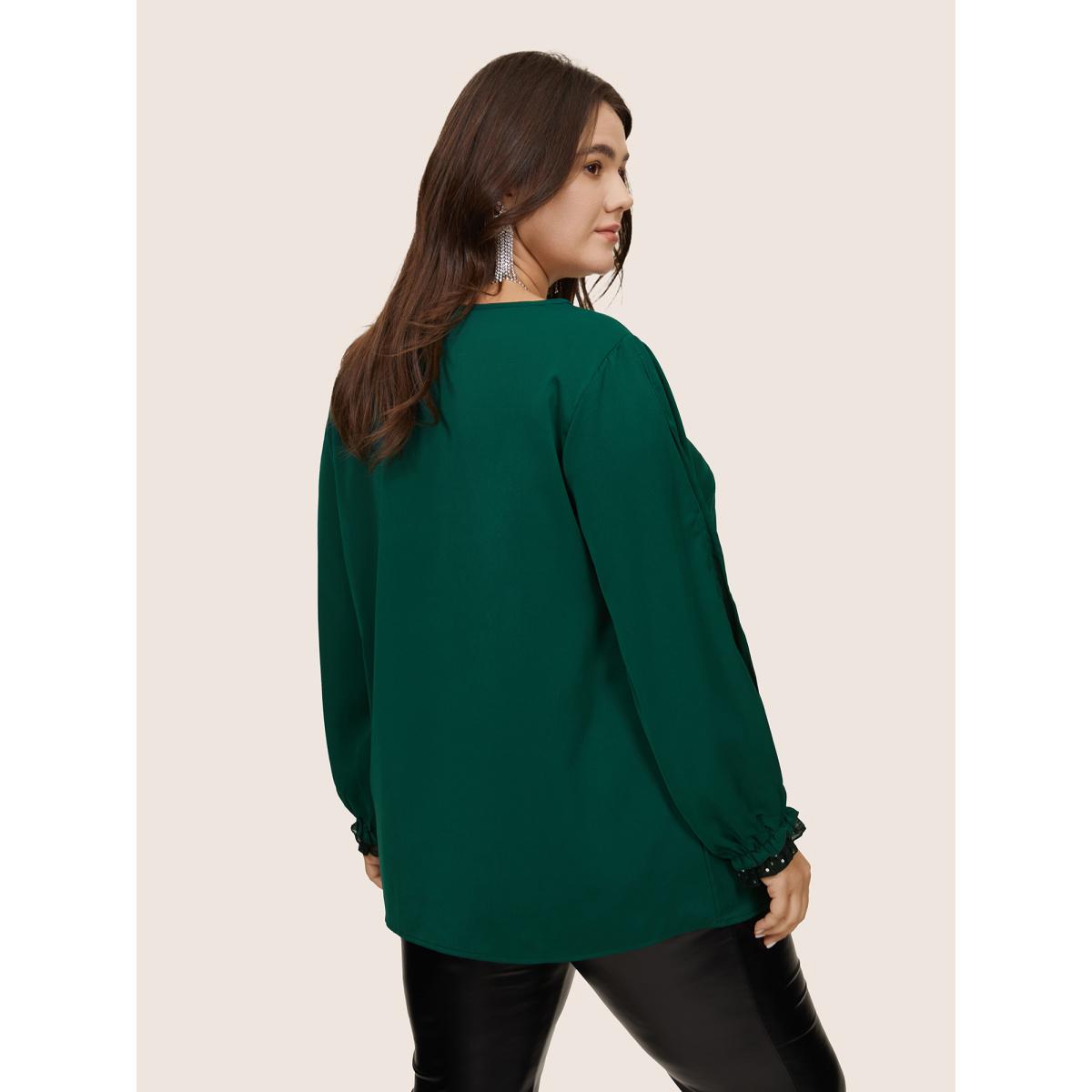 Plus Size DarkGreen Sequin Mesh Patchwork Lantern Sleeve Blouse Women Glamour Long Sleeve Round Neck Going out Blouses BloomChic 14-16/1X Product Image