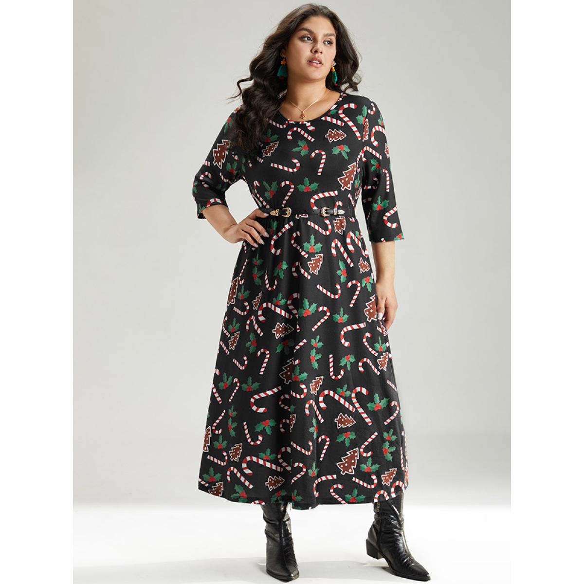 Plus Size Christmas Print Pocket Elastic Waist Dress Black Women Playful Printed Round Neck Long Sleeve Curvy Midi Dress BloomChic 12/L Product Image