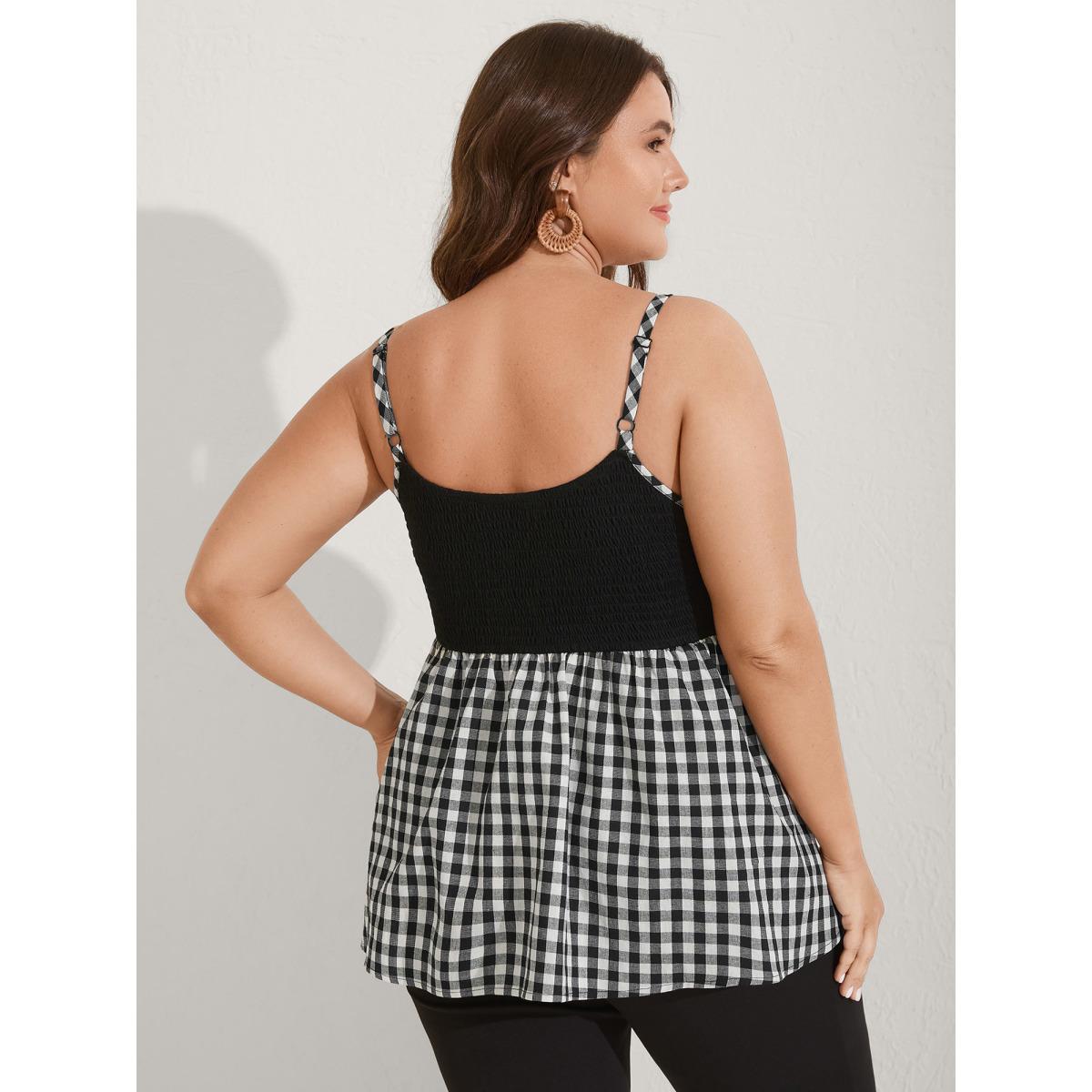 Plus Size Floral Embroidered Plaid Shirred Tank Top Women Black Boho Gathered Non Vacation Tank Tops Camis BloomChic 12/L Product Image