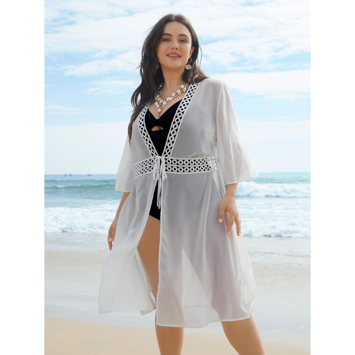 Plus Size Lace Patchwork Sheer Open-Front Kimono Women Originalwhite Elegant Woven ribbon&lace trim Everyday Kimonos BloomChic 18-20/2X Product Image