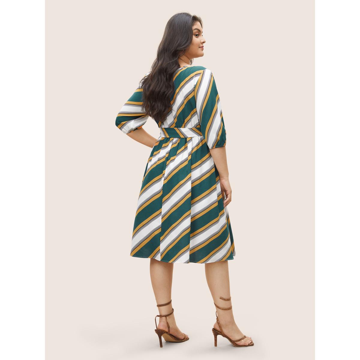 Plus Size Striped Contrast Asymmetrical Neck Belted Dress Cyan Women At the Office Non Asymmetrical Neck Elbow-length sleeve Curvy Midi Dress BloomChic 10/M Product Image