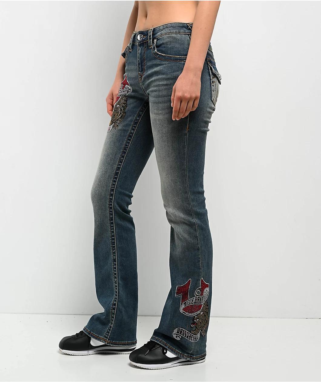 True Religion Becca Crystal Tattoo Dark Wash Mid Rise Bootcut Jeans Product Image