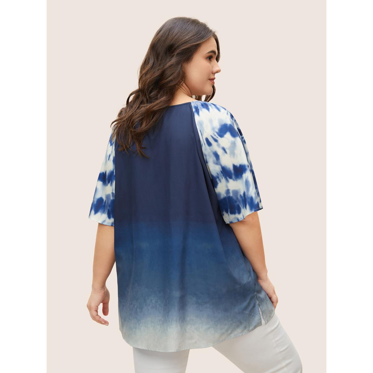Plus Size Stone Ombre Tie Dye Raglan sleeve Blouse Women Casual Half Sleeve Round Neck Everyday Blouses BloomChic 12/L Product Image