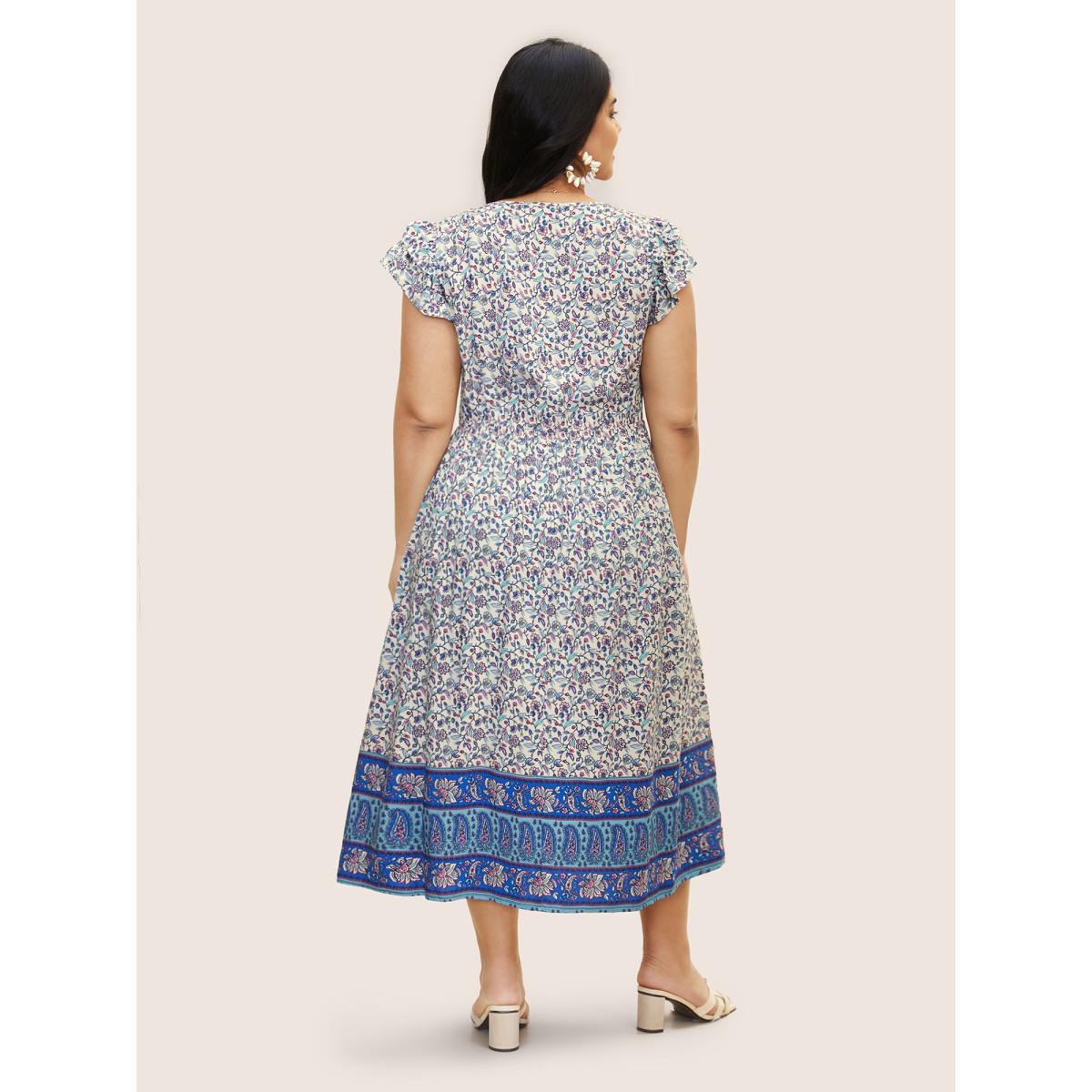 Plus Size Paisley Print Tiered Ruffles Pocket Dress Bluepurple Women Resort Cross straps V-neck Cap Sleeve Curvy BloomChic 12/L Product Image