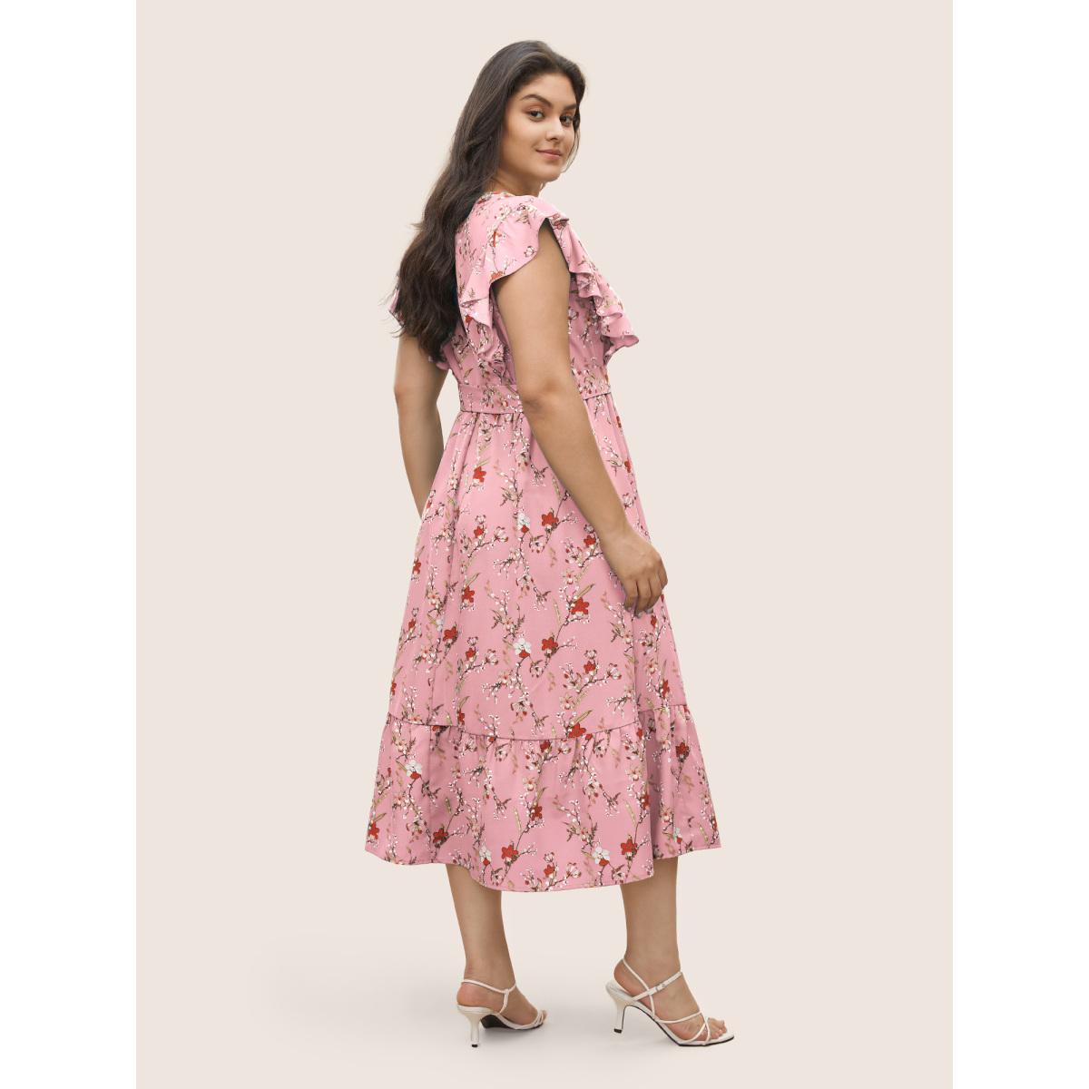Plus Size Ditsy Floral Flutter Trim Pocket Layered Hem Dress Pink Women Elegant Non Overlap Collar Cap Sleeve Curvy Midi Dress BloomChic 12/L Product Image