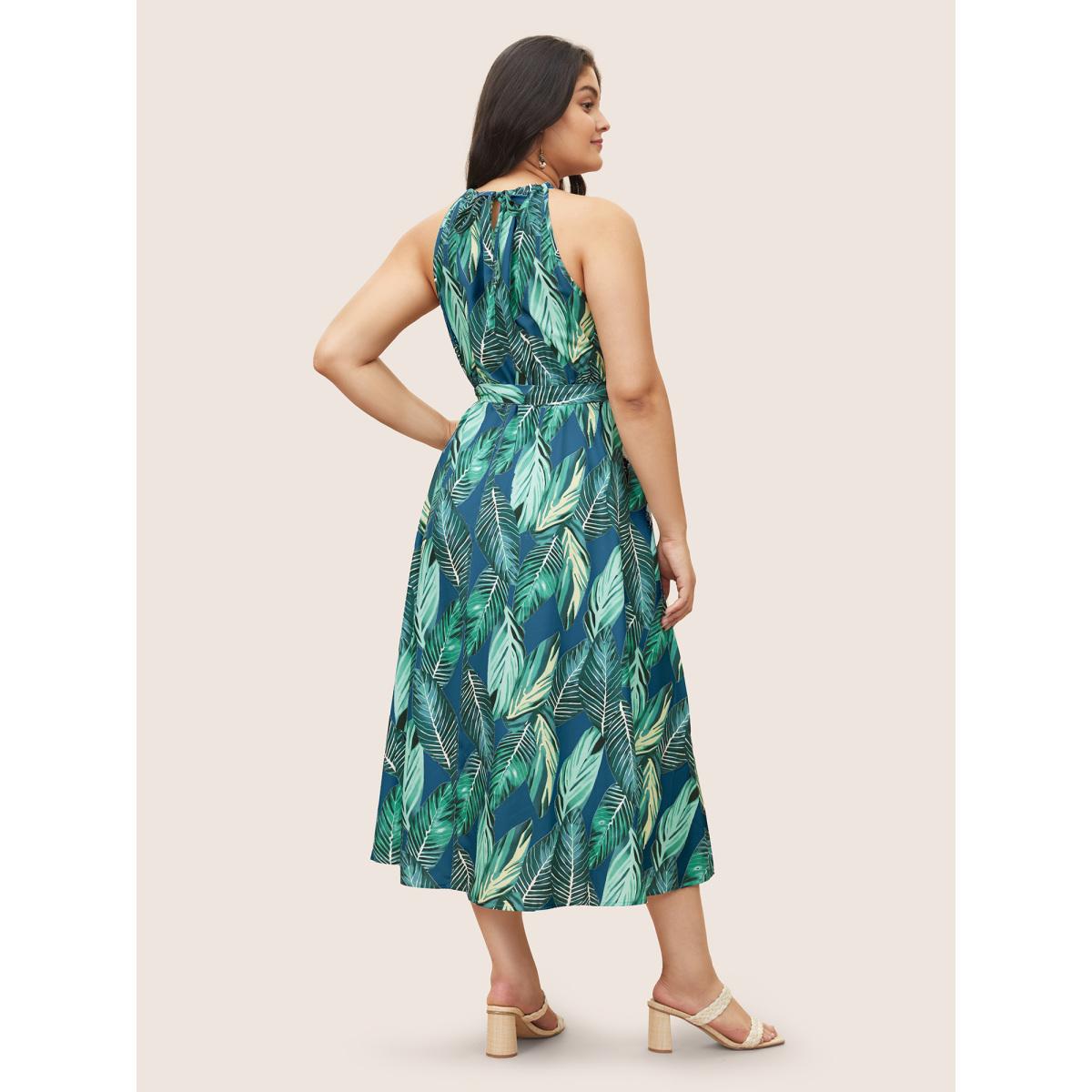 Plus Size Tropical Print Knotted Pocket Ruffles Belted Halter Dress Lilac Women Resort Non Halter neck Sleeveless Curvy Midi Dress BloomChic 22-24/3X Product Image