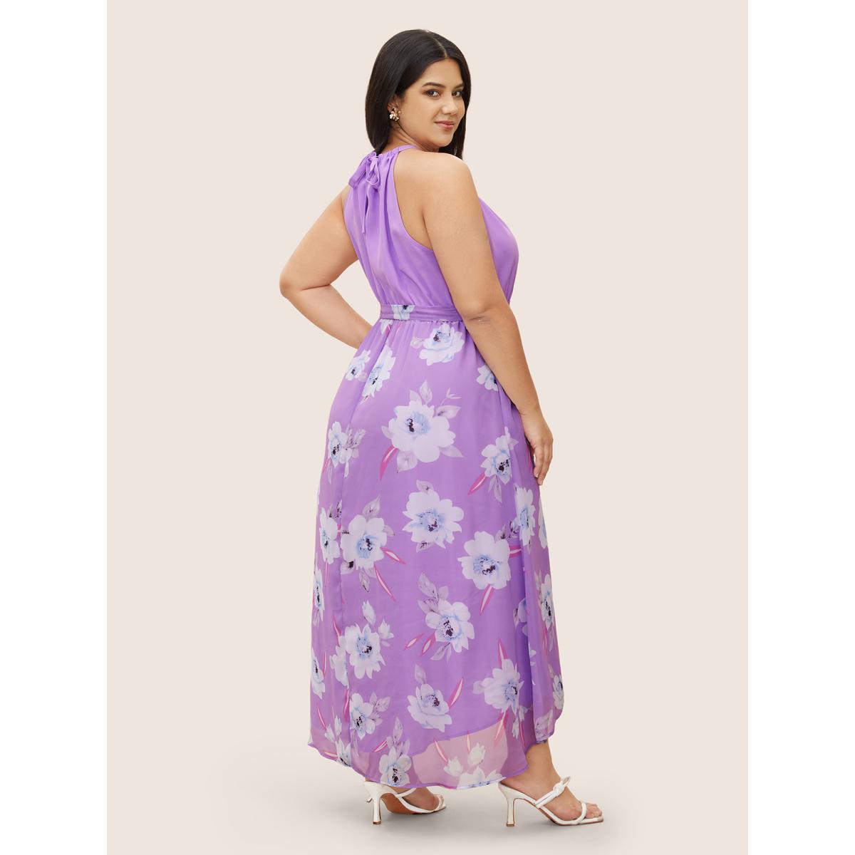 Plus Size Floral Patchwork Halter Ties High Low Hem Dress Lilac Women Elegant Non Halter neck Sleeveless Curvy Midi Dress BloomChic 22-24/3X Product Image