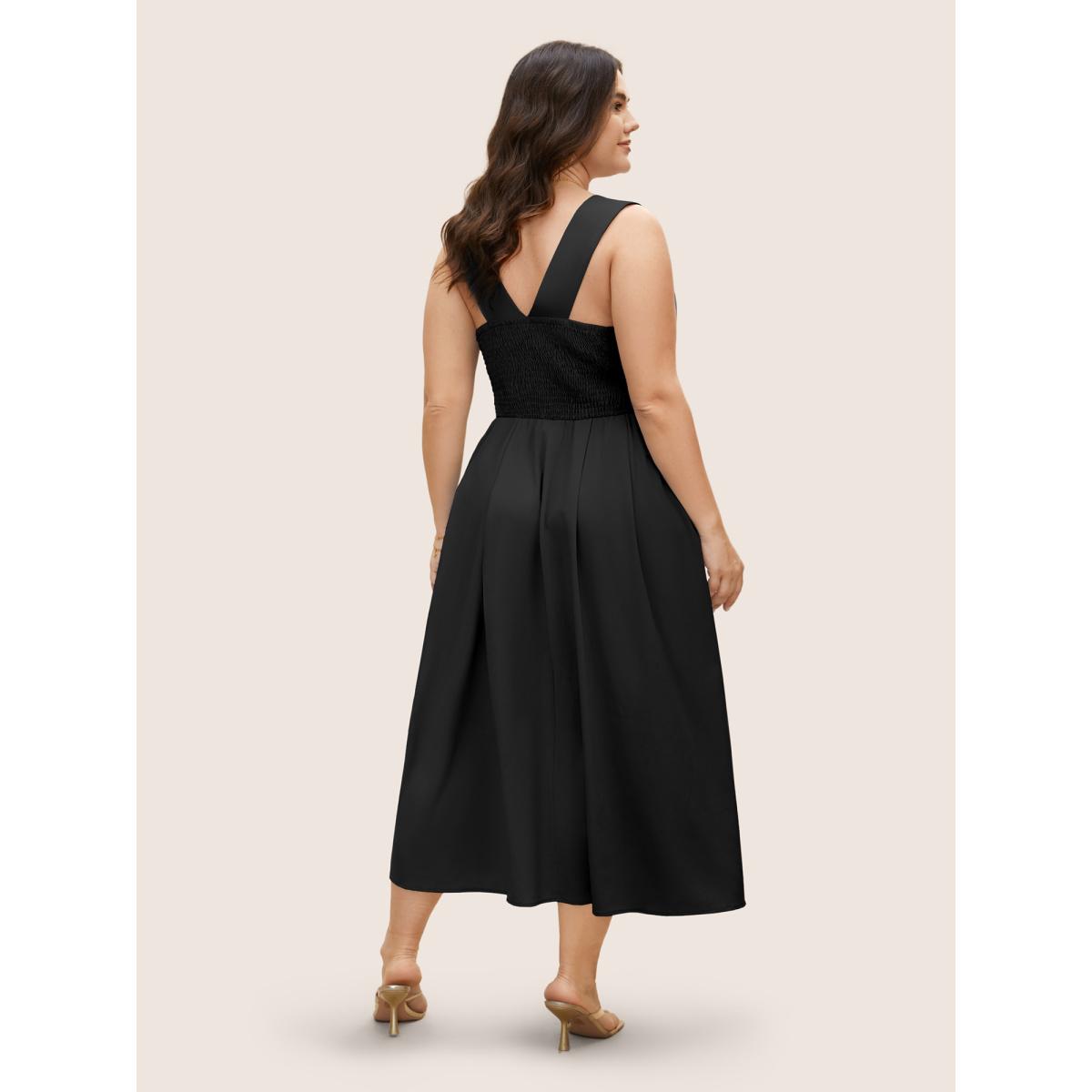Plus Size Heart Neckline Crossover Shirred Midi Dress Black Women Elegant Pleated Heart neckline Sleeveless Curvy BloomChic 18-20/2X Product Image